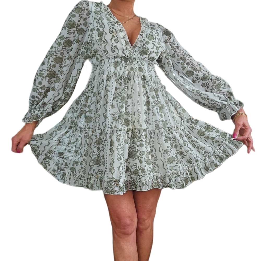 Green & White Floral Ruffle Deep V Long Sleeve A-line Dress